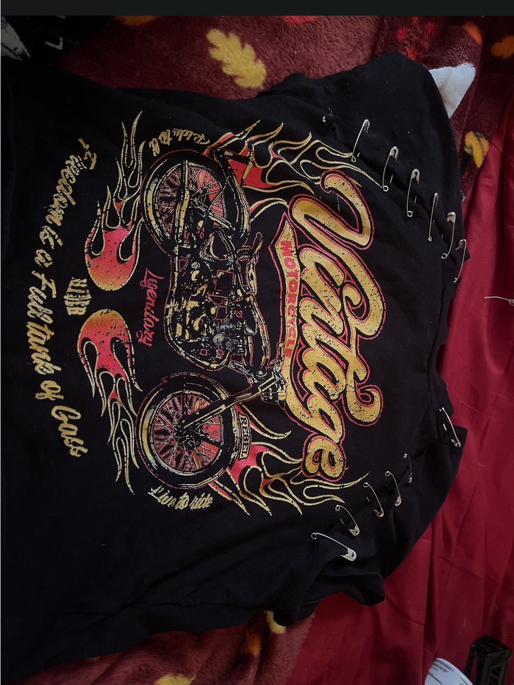 Source Unknown Black Lace-Up Crop Top with Red and Yellow Motorcycle Graphic